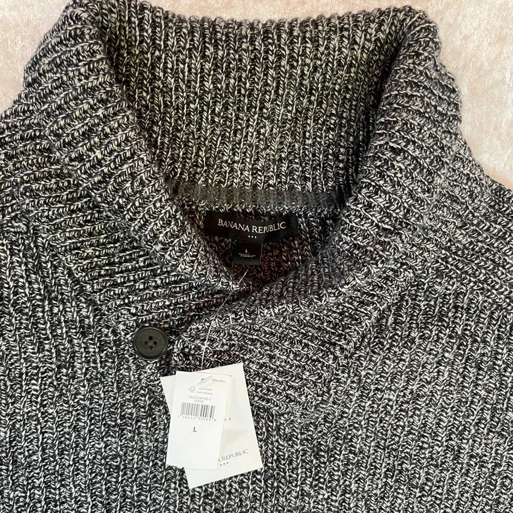Banana Republic Shawl Collar Sweater Large Grey Marled NWT Wool Blend Chunky